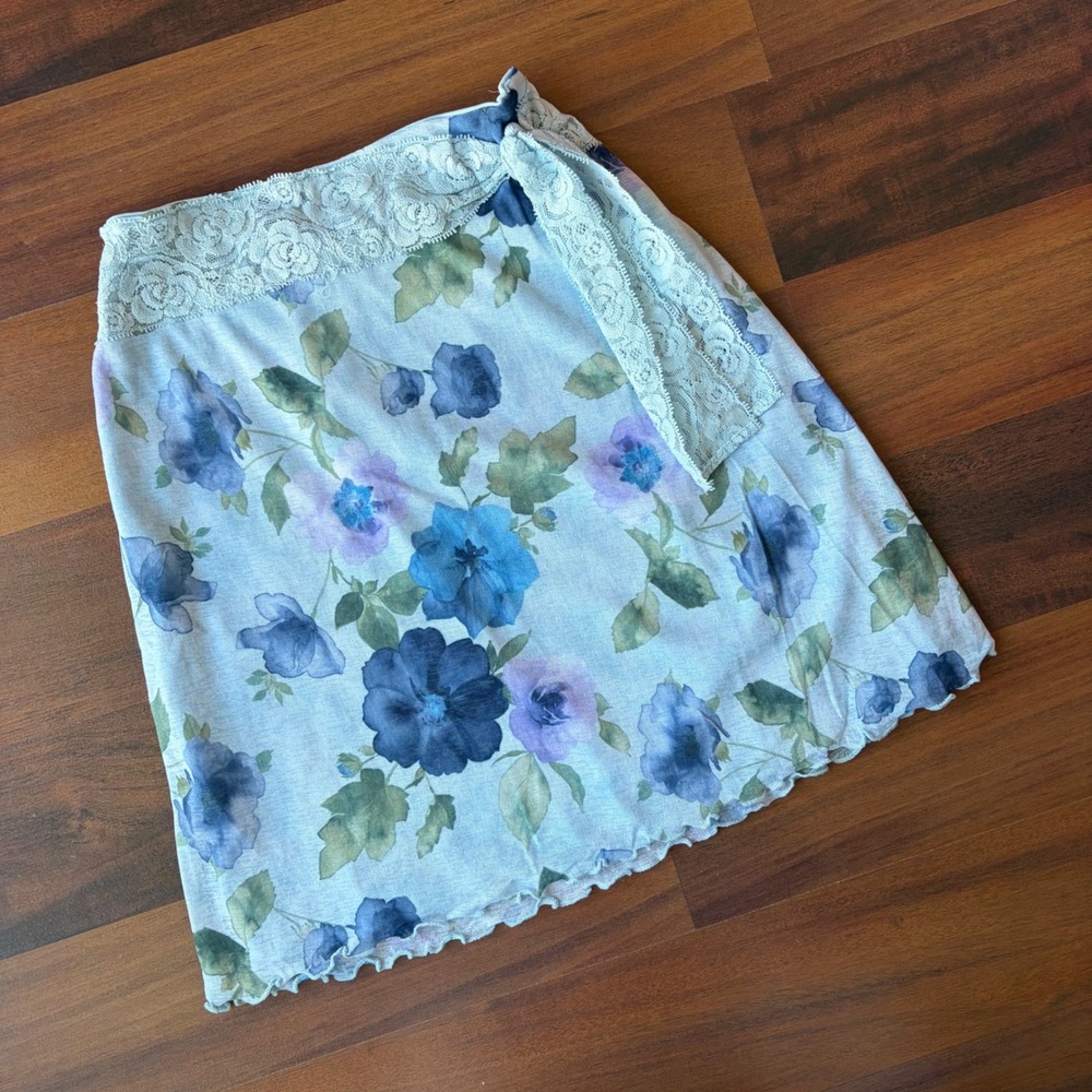 Cherokee Girls Light Blue Floral Mesh Mini Skirt Lace Waist Lettuce Hem 6/6X USA